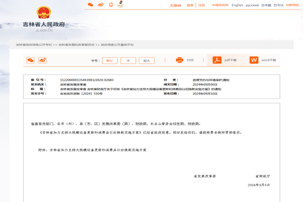 吉林省：《加力支持大規(guī)模設(shè)備更新和消費(fèi)品以舊換新實施方案》發(fā)布